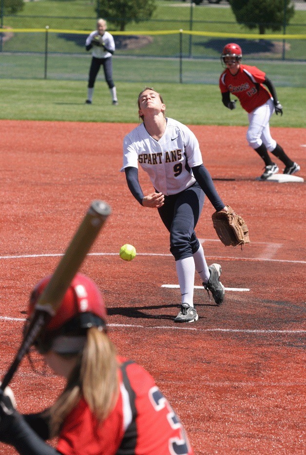 Spartans’ star pitcher Katie Raben fires one at the plate during first-round action at the state tournament against Camas.