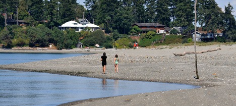 Island kids walk along Bill Point near Pritchard Park Wednesday. A study released this week suggests that children and pets avoid walking on the area’s beaches.