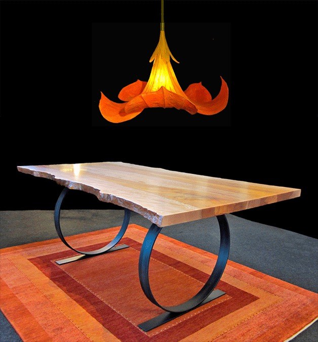 Sycamore table with round steel legs; Wendy Dunder Nasturtium illuminated sculpture. The Island Gallery presents Holiday Tables in November.