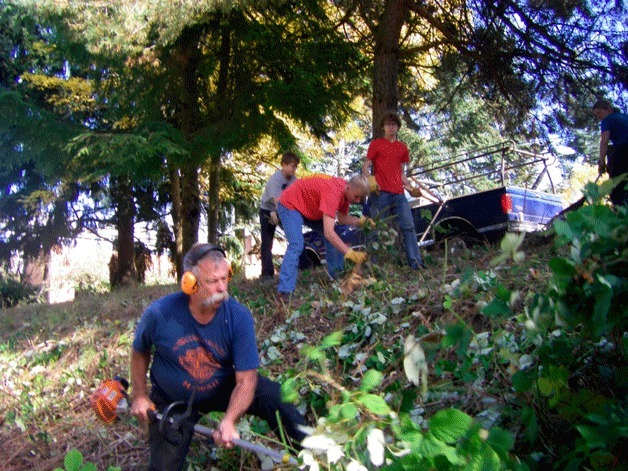 Scouts from Troop 1496 clear blackberries at the Masonic Lodge in conjunction with the Master of the Lodge