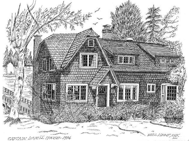 Bill Hemp's pen and ink portrait of the Lovell House.