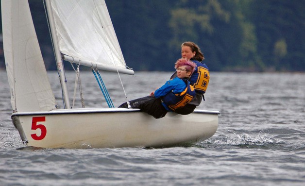 Skipper Olivia Mitchell and crew Amanda Gilmore on their way to a dominating win in the junior varsity “A” fleet on Lake Whatcom.