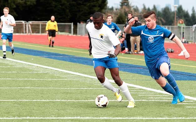 Bainbridge High senior soccer player Glodi Kingombe scored perhaps the most exciting goal of the game during the team’s first outing of the year against Seattle Prep Tuesday.