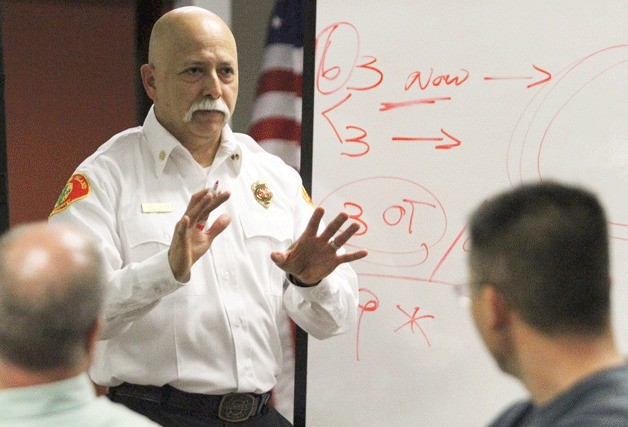 Bainbridge Fire Chief Hank Teran discusses options for staffing Station 23 at a special meeting of the fire department's board of commissioners Monday.