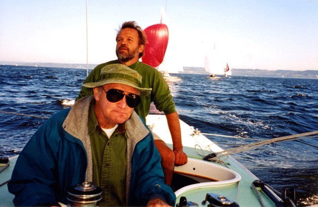 Jack Kutz and skipper Ron Keys sail on the 6-meter sloop Hanko near Port Madison.