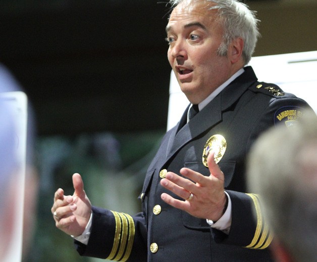 Police Chief Matthew Hamner answers questions during a recent meeting on options for a new police station.