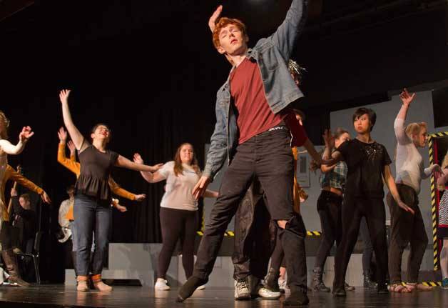The cast of the Bainbridge High School theater's production of 'Return to the Forbidden Planet' work through a recent practice session earlier this week.
