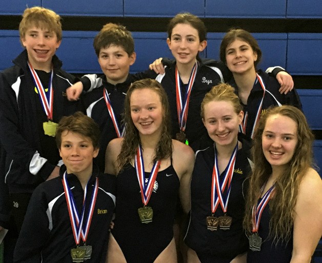 Members of the Bainbridge Island Dive Club gather for a photo after medaling at the recent Y Spring Invitational.