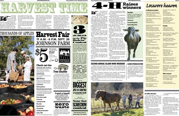 See a copy of the Bainbridge Island Review for our two-page spread on Harvest Time.