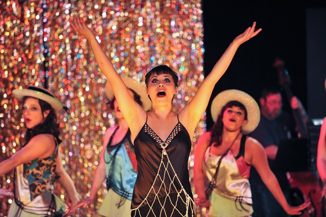 Sally Bowles (played by Katie Donais McKinstry) and the Kit Kat dancers perform in Cabaret
