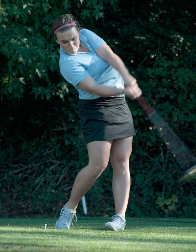 Maddie Loverich tees off at the first hole of the back nine at Wing Point Golf & Country Club Tuesday during the Spartans’ match against the visiting Bishop Blanchet Braves. Loverich managed a final score of 25 points.