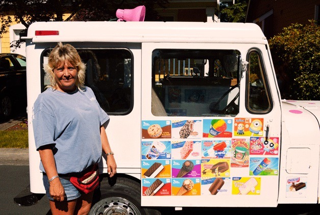Shari Peterson’s 1979 mail jeep is stocked with 25 types of ice cream. The cheapest are Bubble gum bars at $1.50; Big Dipper cones go for more