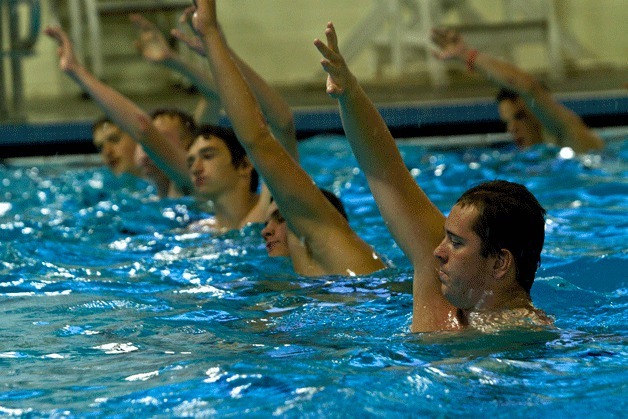The Spartan varsity boys water polo team work through a practice session earlier this week at the Bainbridge Island Aquatics Center. Last season the team finished eighth in state with an overall season record of 14-5.