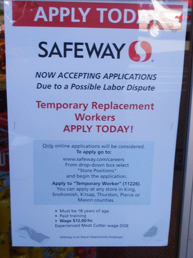 A sign has been posted at the Bainbridge Island Safeway for temporary workers in light of a potential labor dispute.