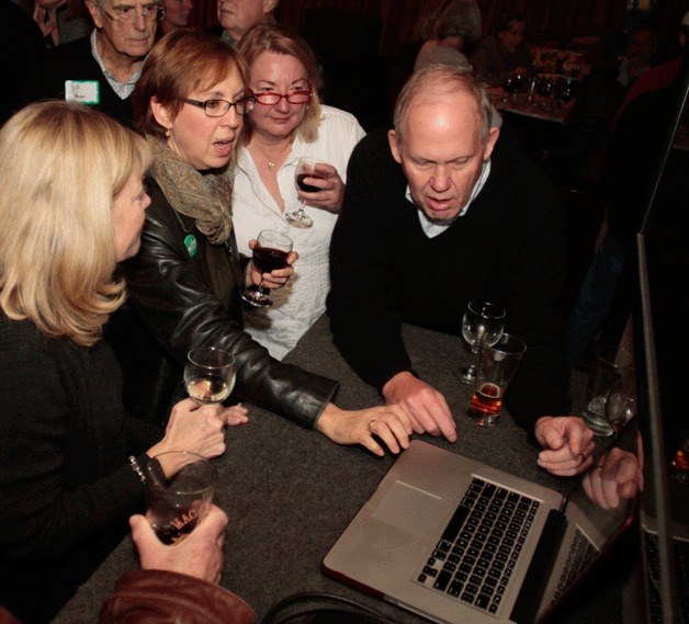 Candidates Arlene Buetow and Dick Haugan react as initial votes were posted Tuesday
