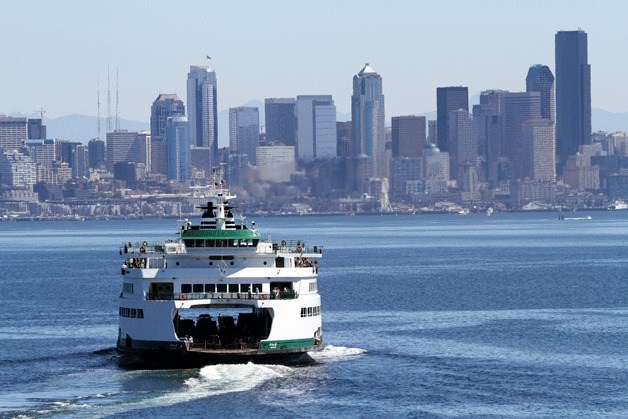 The Bainbridge ferry arrives in Seattle.