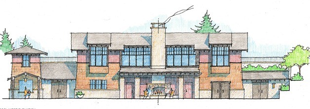 An artists’ rendering shows the outside of the community center.