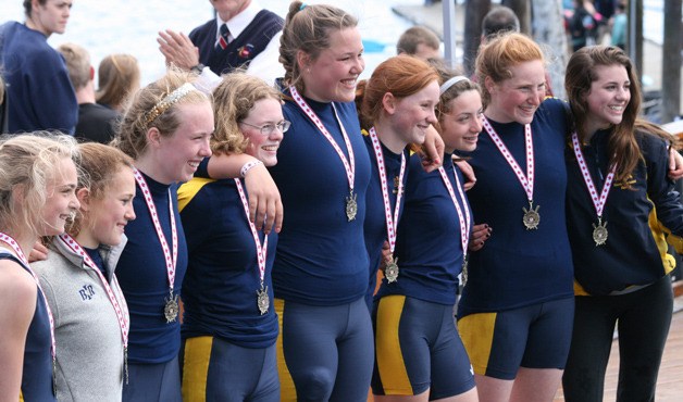 The Bainbridge Novice Girls B 8+ are all smiles after winning gold at the Brentwood Regatta in Canada. From left