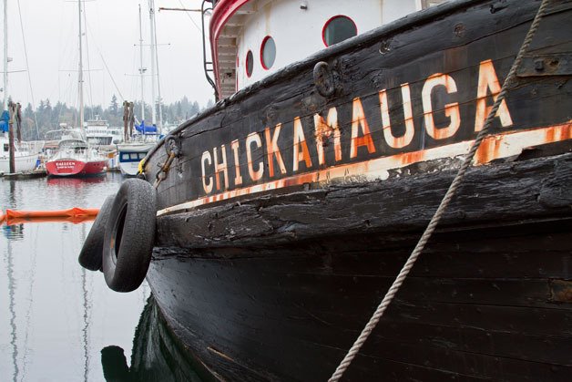 The historic tugboat 'Chickamauga' sits in its slip at Eagle Harbor Marina after having been raised by a Coast Guard contract company following its sinking early on Oct. 2