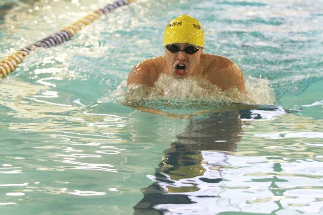 David Jenkins races to a first-place finish in the 200-yard IM against Eastside Catholic. Fellow Spartan Adrien Chaussabel was second for BHS.