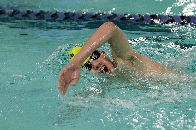 Spartan freshman Ethan Kutia rounded out the pack of Bainbridge swimmers in the 500-yard freestyle race during last week’s swim meet against Lakeside at the Bainbridge Aquatics Center.