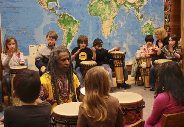 Djembe drummer Dennis Pryor teaches a third-grade class at Ordway Elementary School Friday as part of a multi-cultural enrichment program in music.