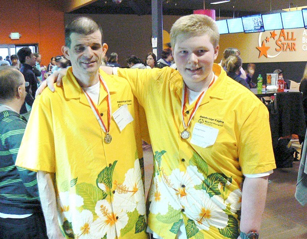 Mike McLane and George Flasher won the gold medal in doubles bowling for the Bainbridge Island Golden Eagles Special Olympics bowling team at the recent regional tournament in Silverdale.