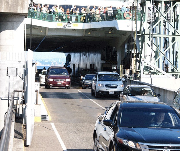 Drivers depart the Bainbridge ferry.