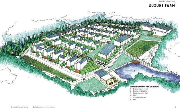 The proposal by Olympic Property Group/Davis Studio Architecture + Design would create a development called Suzuki Farm that would feature 52 homes and a community center.