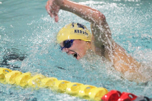 Sam Alpaugh swims to a second-place finish against Lakeside earlier this week in the 500-yard freestyle.