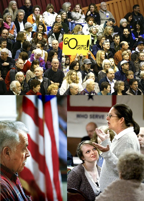 (Top) Barack Obama supporters punctuate one of the Democratic caucuses