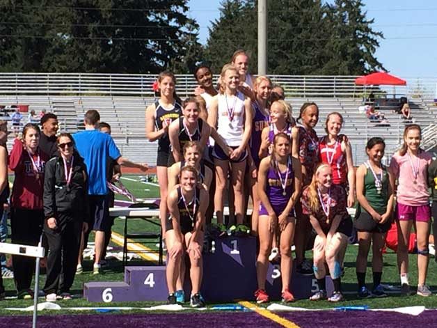 The female half of the BHS track team competed in the girls only Lake Washington Invite in Kirkland last week. The Spartan 4 x 400 meter team of (from bottom to top) Lindsay Wienkers