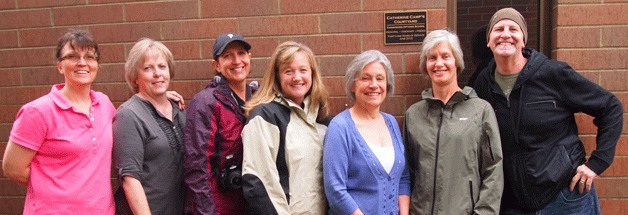Catherine Camp was presented with a plaque at a small ceremony in the courtyard outside her former office. Pictured left to right are Lisa Pickens