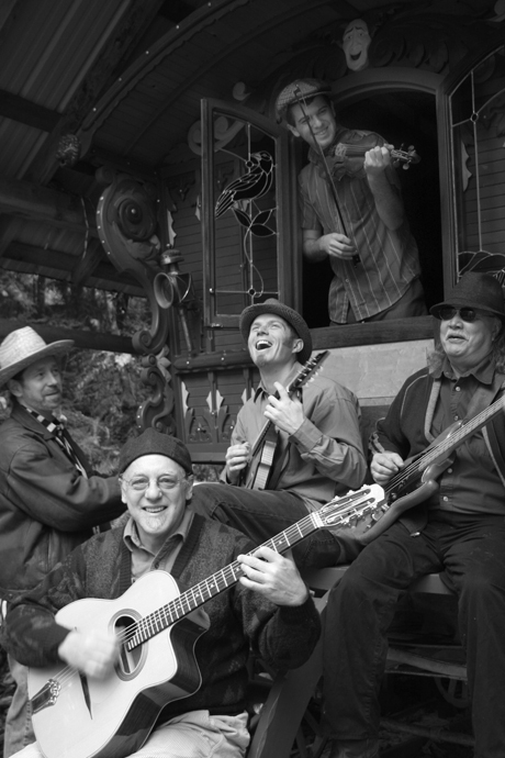 Ranger and the Re-Arrangers are (clockwise from top): Ranger Sciacca on violin; Todd Houghton on bass; Michael Sciacca on guitar; Jeffrey Moose on percussion; and Dave Stewart on mandolin.