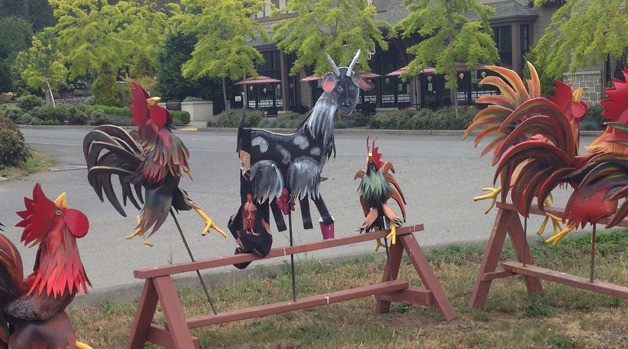 Colorful roosters - and a goat - can be found at the Lynwood Sunday Market.