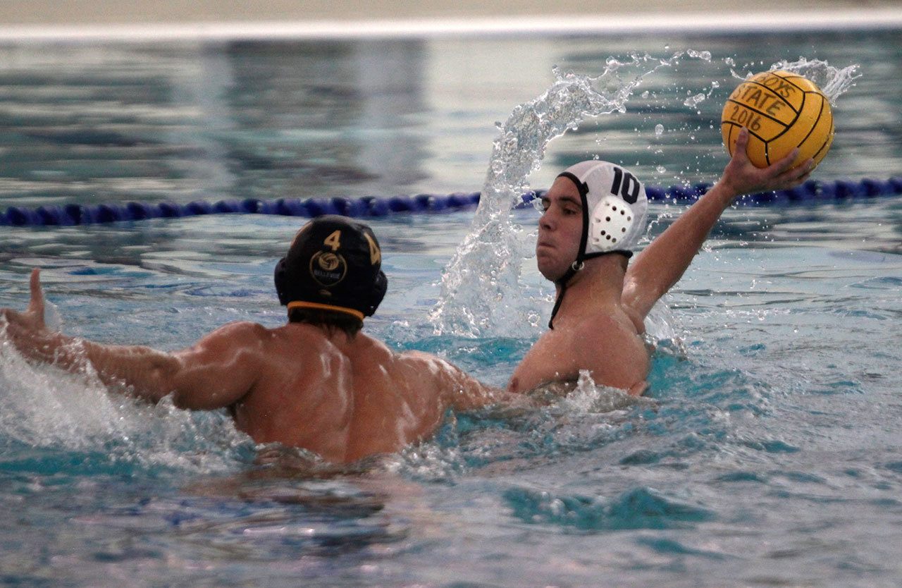 Luciano Marano | Bainbridge Island Review                                Bainbridge senior Tristan Maass in the pool against Bellevue during Game 1 of the boys water polo state tournament last week.