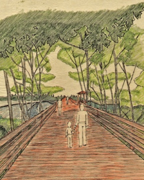 A sketch shows people strolling along a proposed trestle at Pritchard Park. The trestle