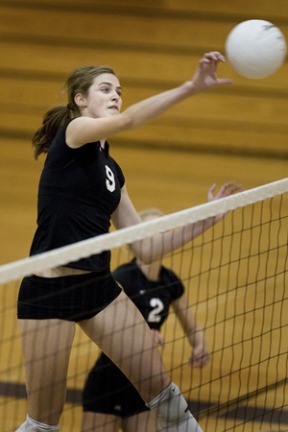 Kelcey Dunaway goes for a kill against Bishop Blanchet. She had 42 kills at the Monroe Invitational last weekend.