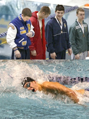 (Top) Bainbridge diver Olaf Olson looks at his medal on the award podium as he stands with (L-R) West Valley’s Chris Reid