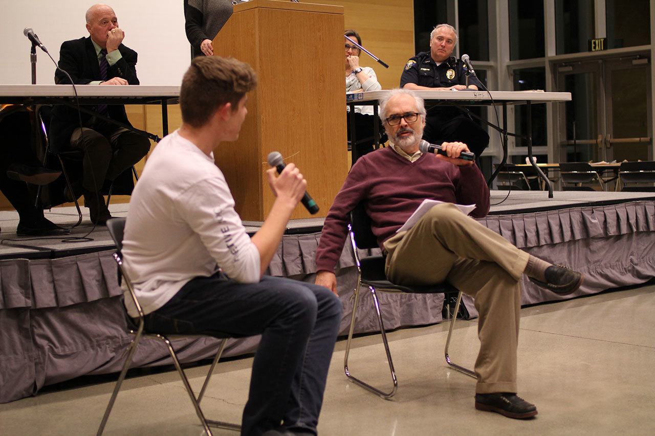 Ben Green (Left) and Michael Dorsey (Right) act out a skit to demonstrate how parents can talk to their kids about drug use.