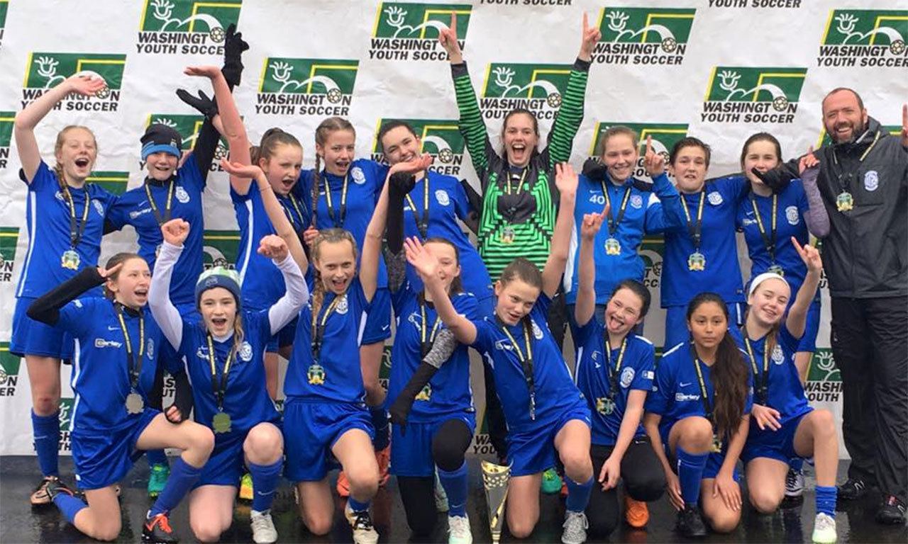 Image courtesy of Ian McCallum | The Bainbridge Island FC G04 Blue (girls under 14) are the first-ever Bainbridge Island Football Club girls state champion team.