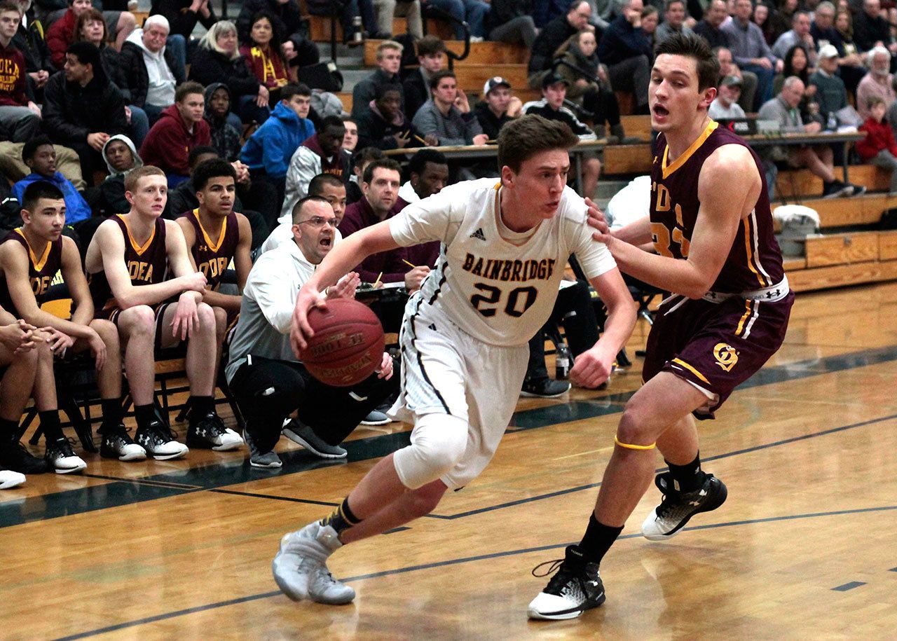 Luciano Marano | Bainbridge Island Review                                Charlie Hoberg drives through O’Dea’s defenses early on in Friday’s home game.