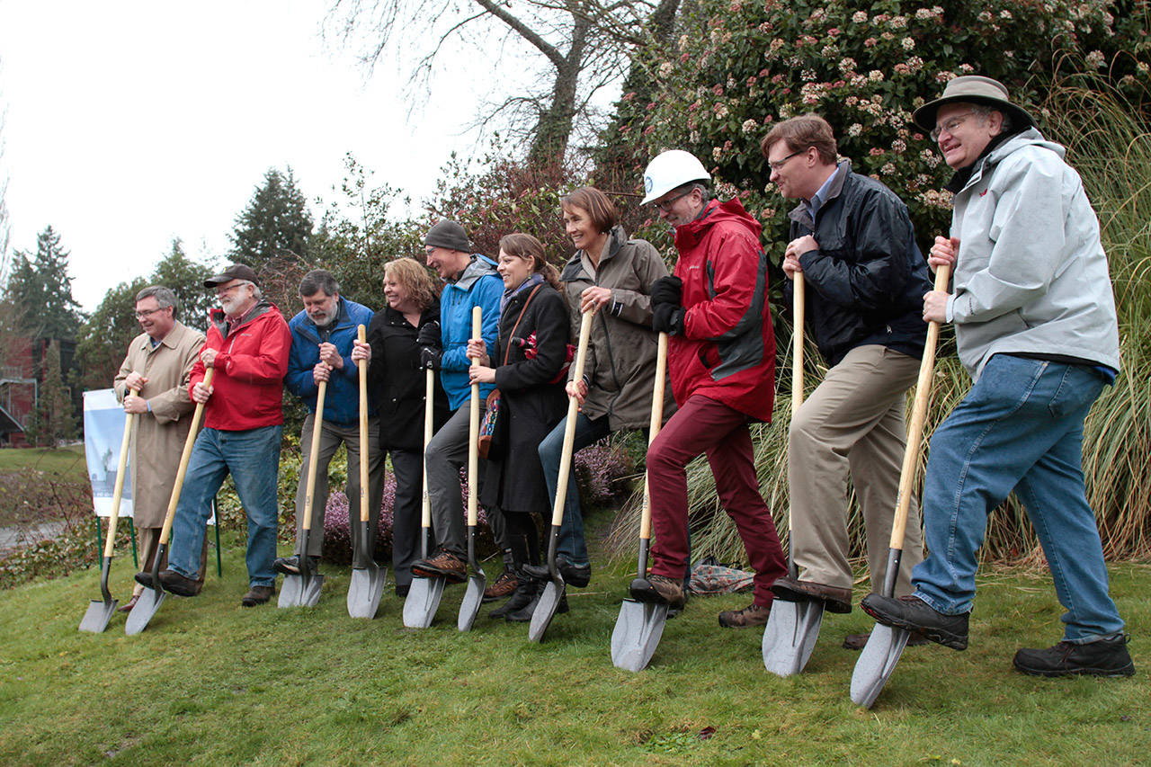 Luciano Marano | Bainbridge Island Review — Community members and representatives of the city gathered last Thursday for an official groundbreaking at the island-based end of the Sound to Olympic Trail, in the grassy area at the northeast corner of Winslow Way and Olympic Drive, across from the police station.