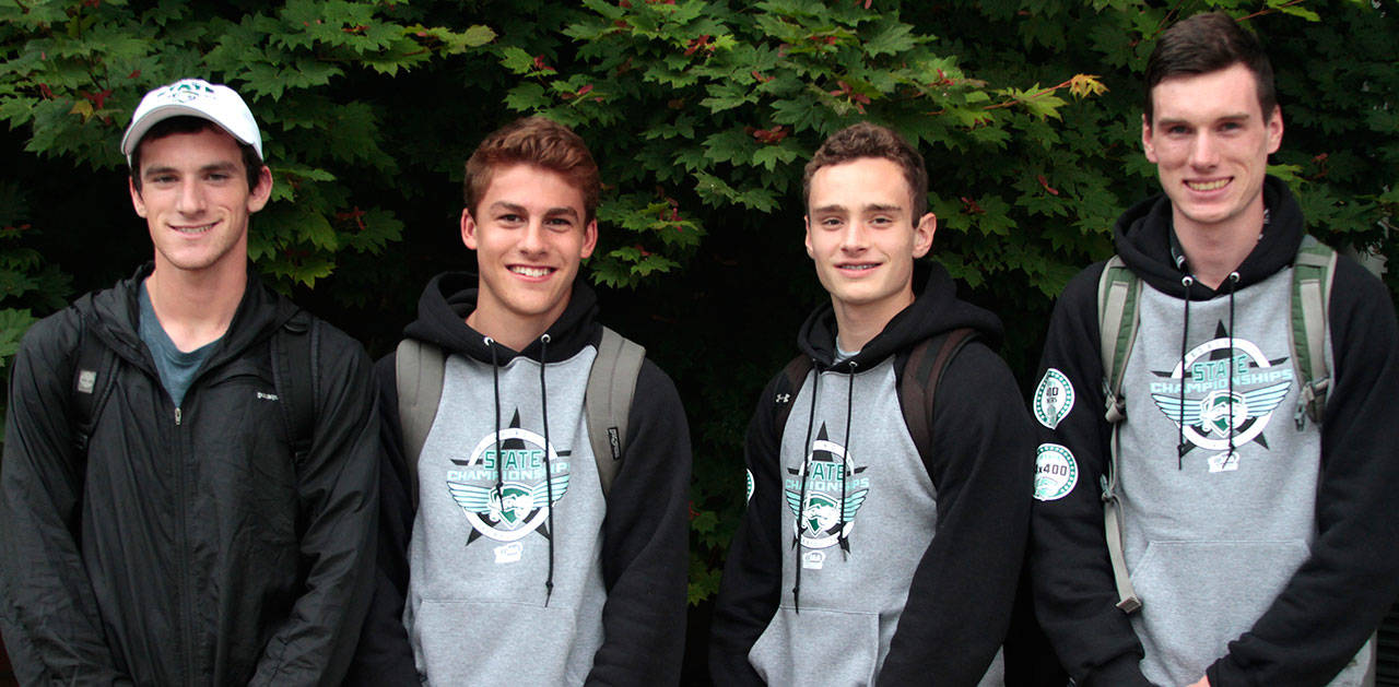 Luciano Marano | Bainbridge Island Review - The formidable foursome of Cole Brundige, Carlo Ruggiero, Carter Hall and Wyatt Longley claimed the state 3A title in the 4x400-meter boys relay in the event and set a new Bainbridge High School record (3:20.47) the State Washington 3A Track & Field Championships in Tacoma.