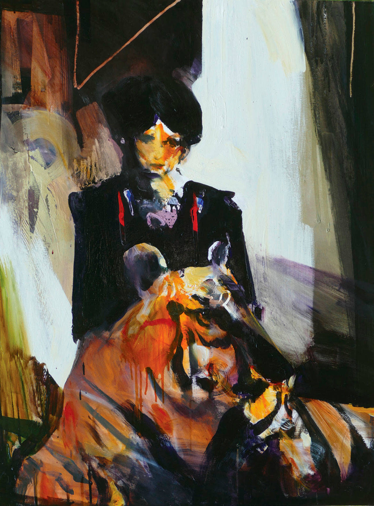 Image courtesy of Roby King Gallery | Adam Grosowsky                                “Lady and the Tiger” (40x30, oil on canvas) by Adam Grosowsky.