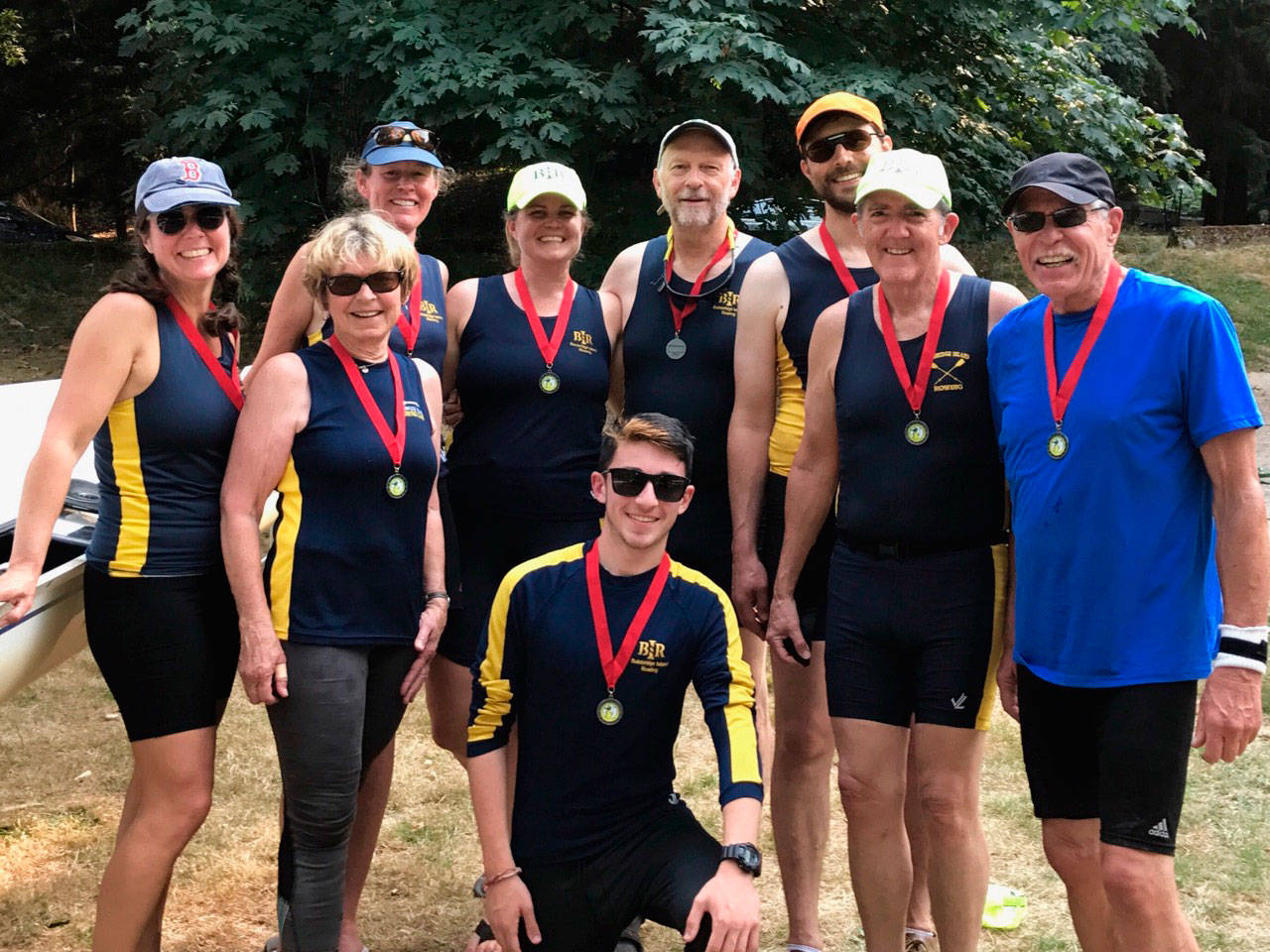 Photo courtesy of Patrick Batson | The Bainbridge Island Rowing Mixed Masters 8 pose for a photo at the annual Summer Rowing Extravaganza at Green Lake in Seattle earlier this month.                                 Photo courtesy of Patrick Batson | The Bainbridge Island Rowing Mixed Masters 8 pose for a photo at the annual Summer Rowing Extravaganza at Green Lake in Seattle earlier this month.