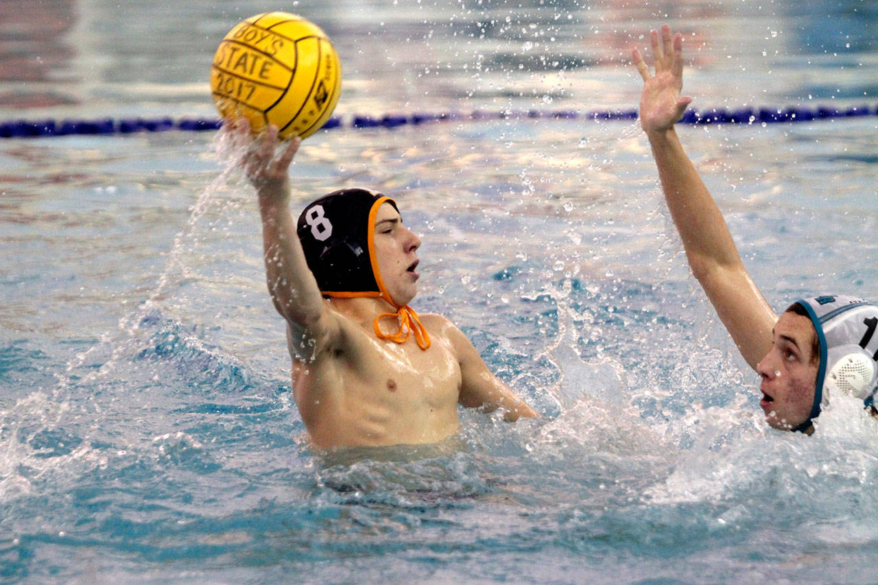 Luciano Marano | Bainbridge Island Review - The Bainbridge High School varsity boys water polo team went 3-for-3 and claimed the top spot in the penultimate match of the 2017 Puget Sound Boys Water Polo Regional Tournament at Curtis High School.