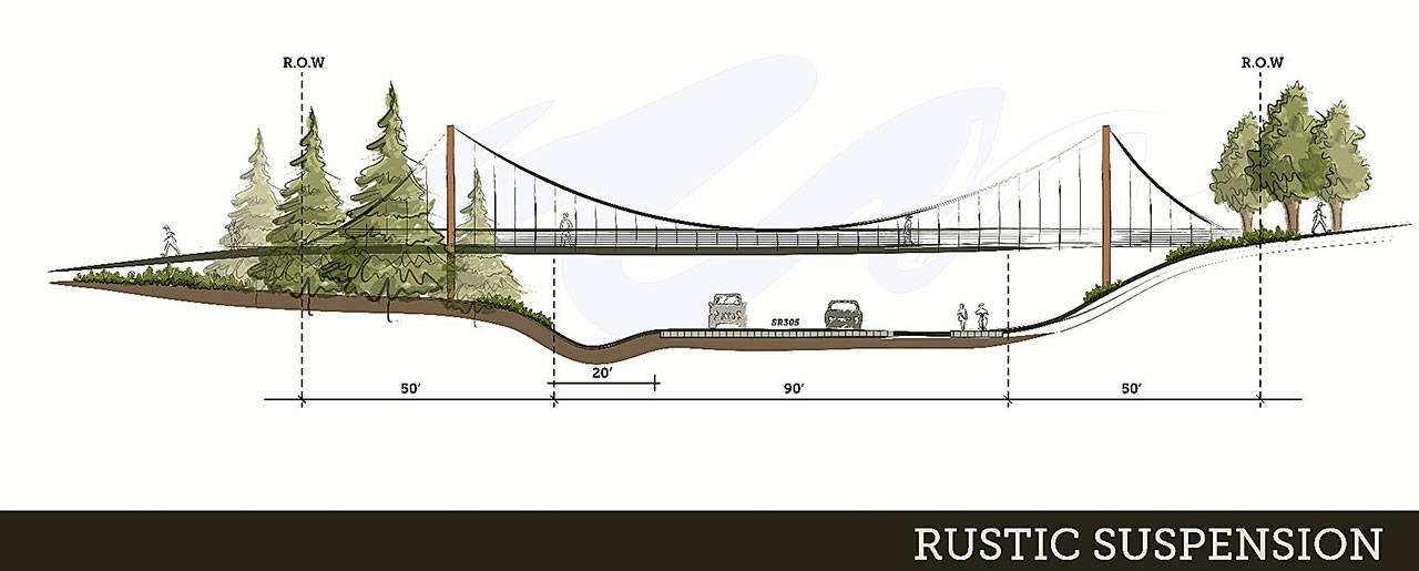One of the options — a “rustic suspension” design — for a pedestrian bridge over Highway 305. (Image courtesy of the city of Bainbridge Island).