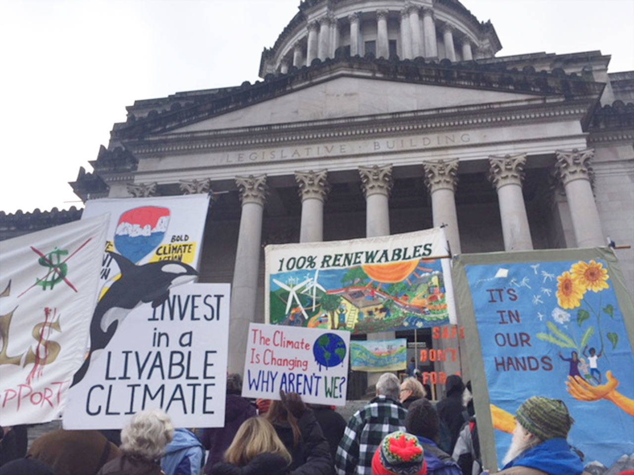 Protesters gather in front of the Washington State Capitol at the start of the 2018 Session. (Taylor McAvoy | WNPA Olympia News Bureau)