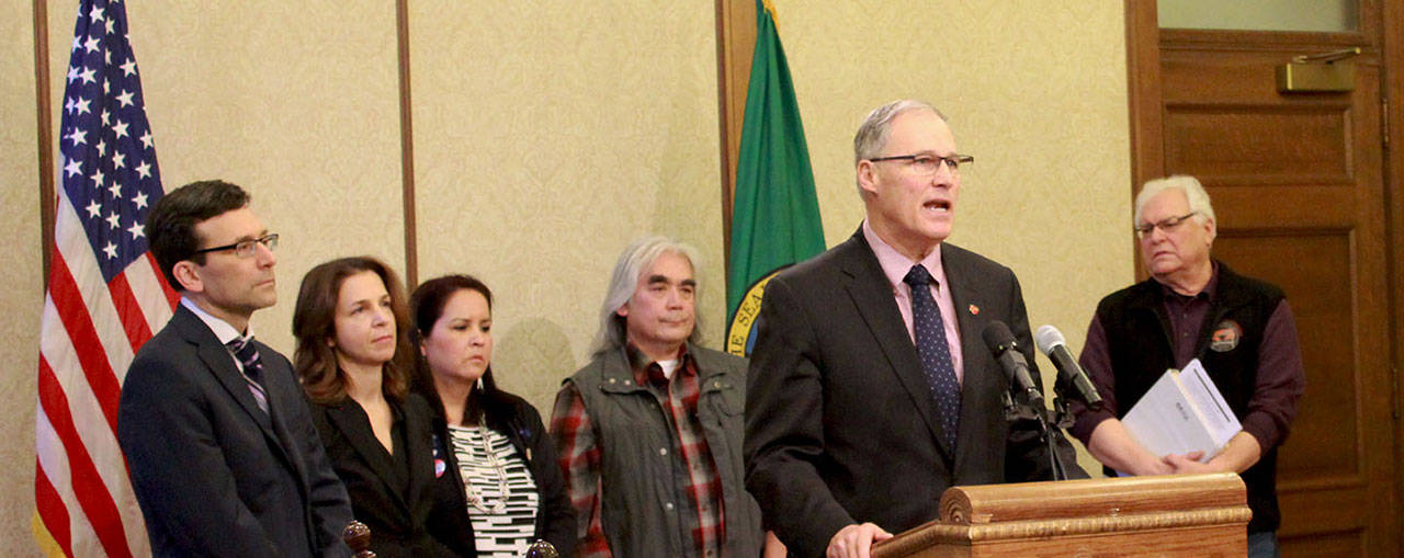 Gov. Jay Inslee speaks about Washington’s oil reserves at a press conference Monday and responded to federal government plans to open offshore drilling on U.S. coastlines. (Taylor McAvoy | WNPA Olympia News Bureau)